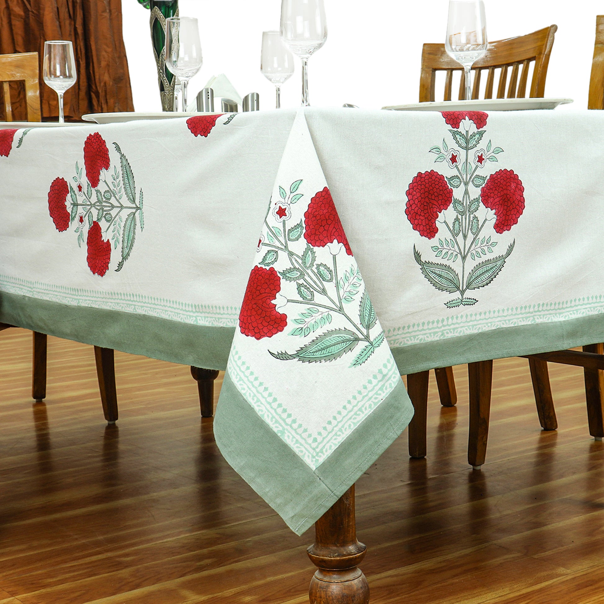 Indian Red Flower Block Print tablecloth Cotton Table Cover - My Store