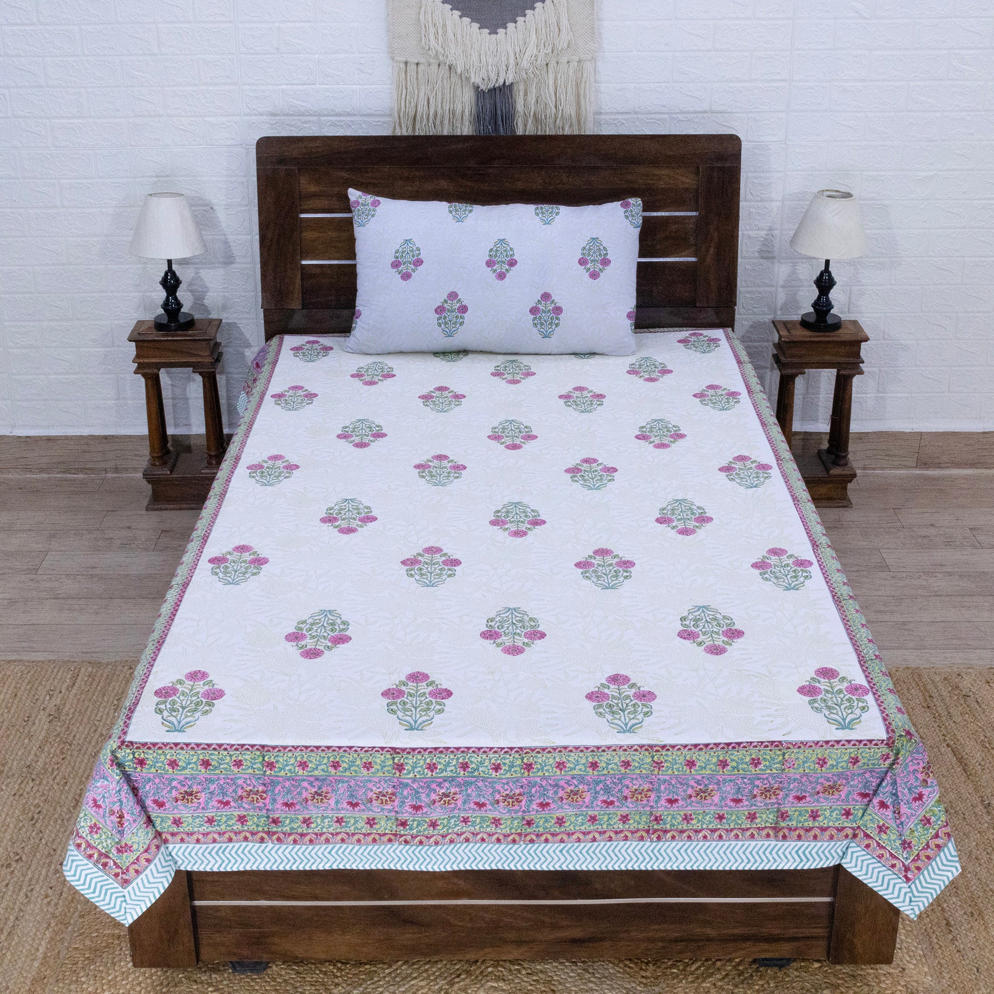 Indian Handmade Block Printed White and Pink Floral Pattern Cotton Bed sheet For living Room, Kids Room - My Store