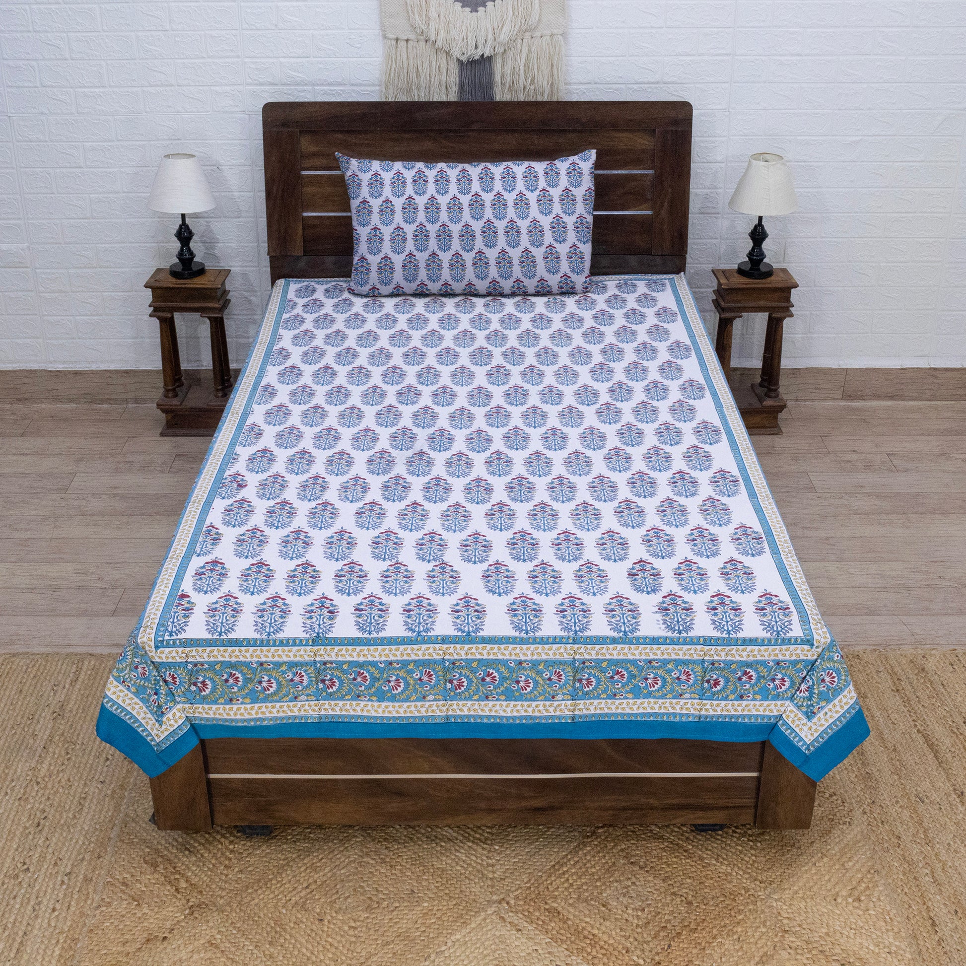 Indian Handmade Block Printed Blue and White Floral Pattern Cotton Bed sheet For living Room, Kids Room - My Store