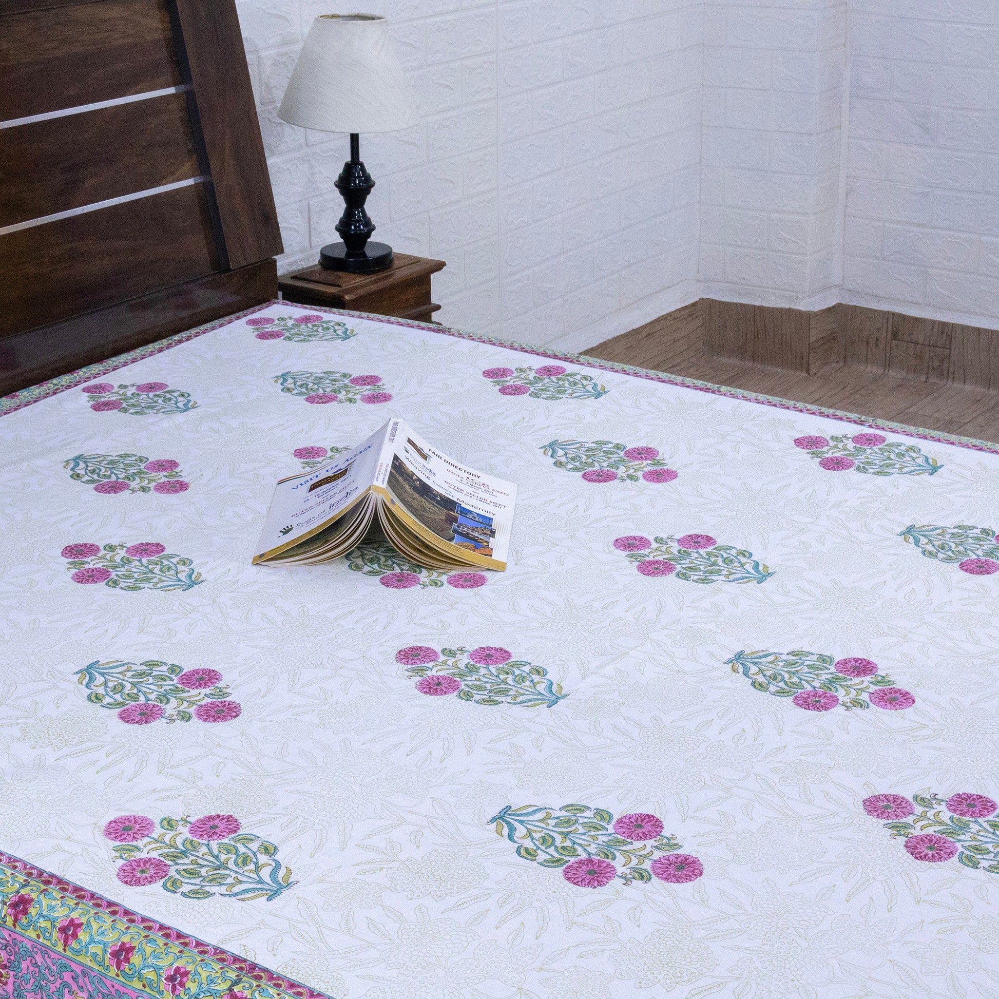 Indian Handmade Block Printed White and Pink Floral Pattern Cotton Bed sheet For living Room, Kids Room - My Store
