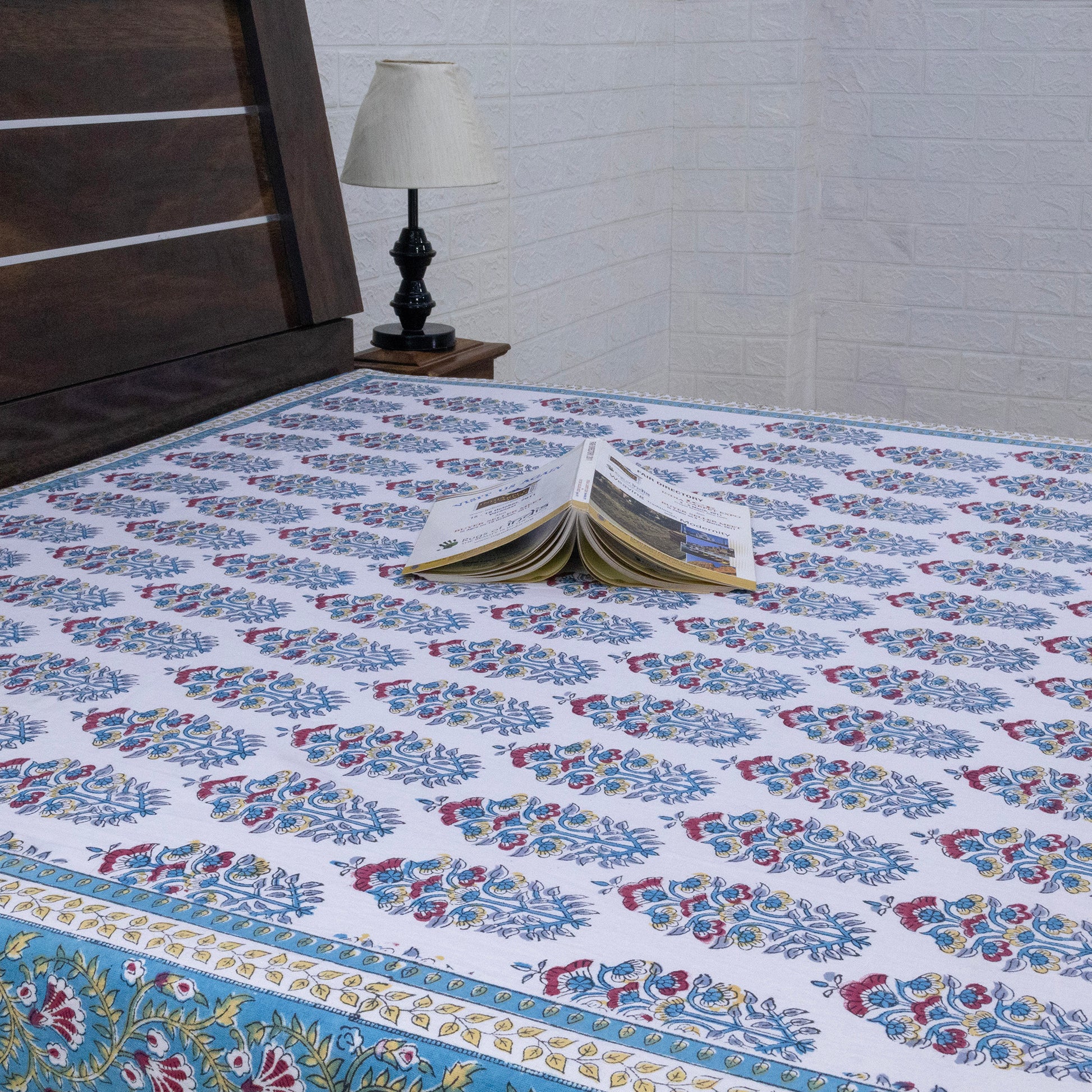 Indian Handmade Block Printed Blue and White Floral Pattern Cotton Bed sheet For living Room, Kids Room - My Store