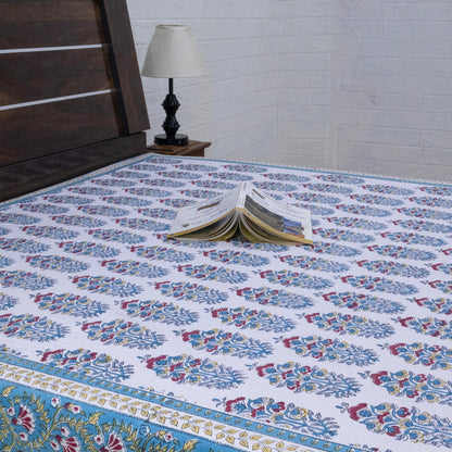 Indian Handmade Block Printed Blue and White Floral Pattern Cotton Bed sheet For living Room, Kids Room - My Store