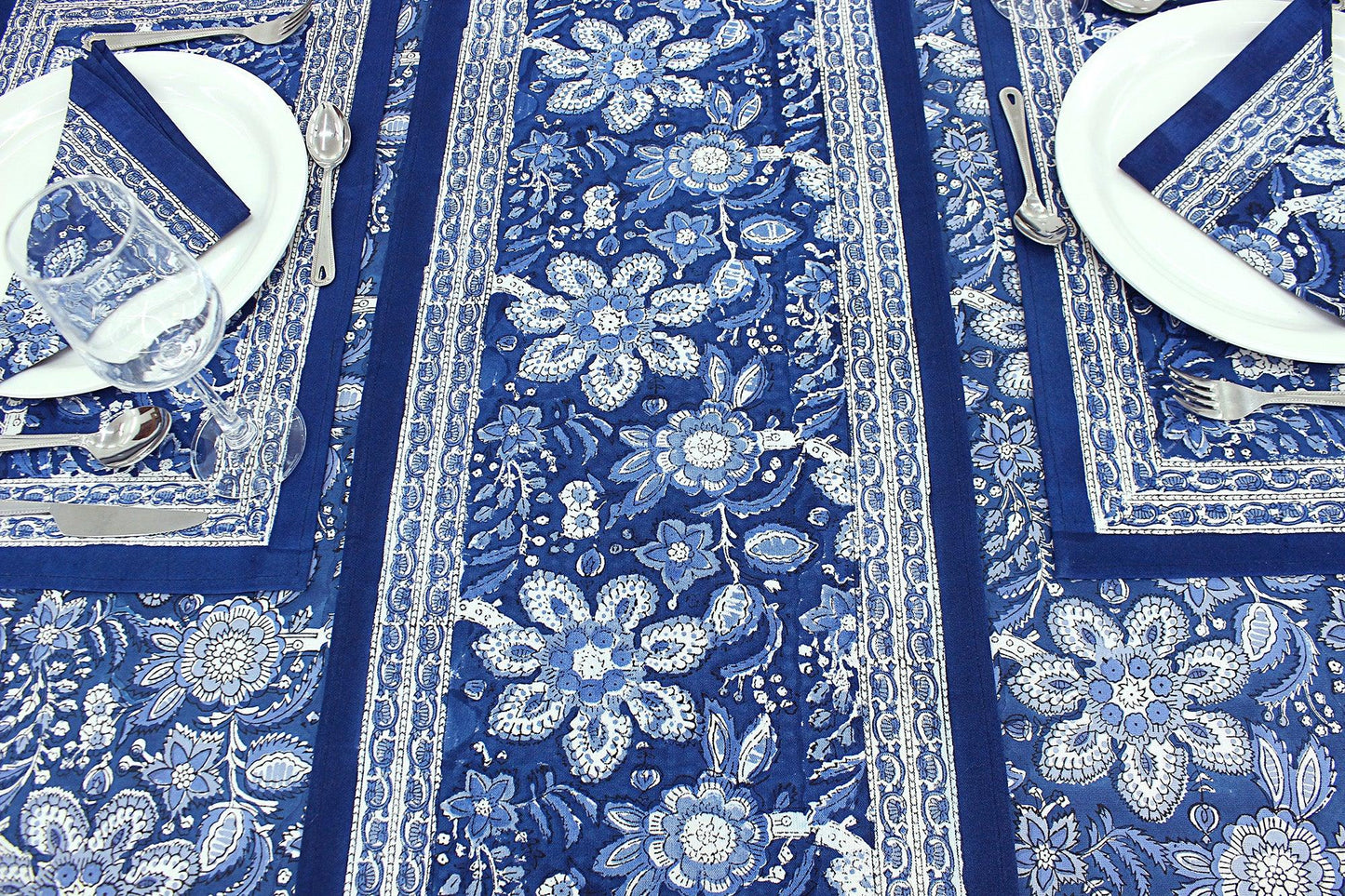 Blue White Indian Block Printed Tablecloth, Cotton Floral Table Cover - My Store