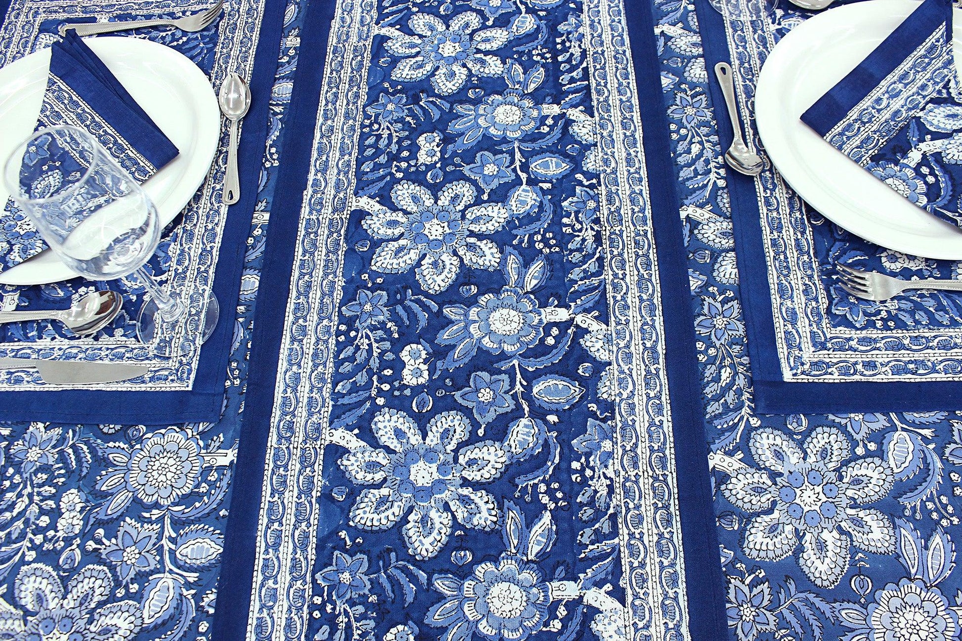 Blue White Indian Block Printed Tablecloth, Cotton Floral Table Cover - My Store