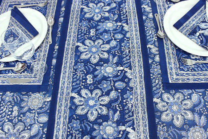 Blue White Indian Block Printed Tablecloth, Cotton Floral Table Cover - My Store