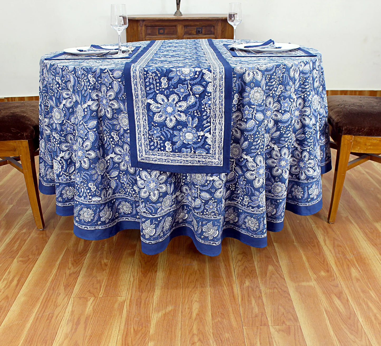 Blue White Indian Block Printed Tablecloth, Cotton Floral Table Cover - My Store