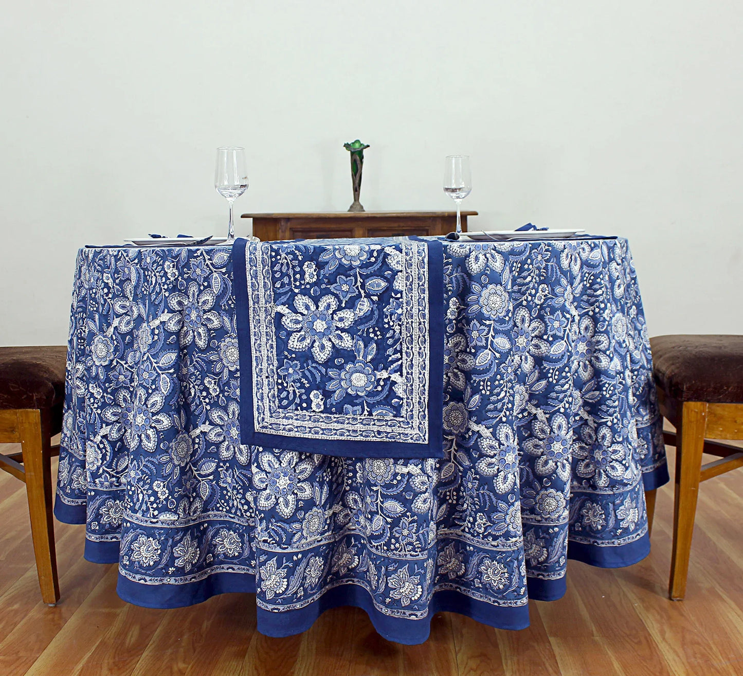 Blue White Indian Block Printed Tablecloth, Cotton Floral Table Cover - My Store
