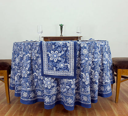 Blue White Indian Block Printed Tablecloth, Cotton Floral Table Cover - My Store