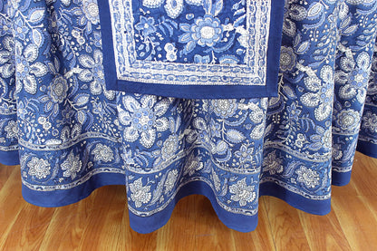 Blue White Indian Block Printed Tablecloth, Cotton Floral Table Cover - My Store