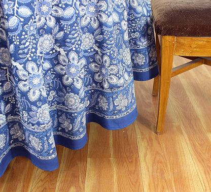Blue White Indian Block Printed Tablecloth, Cotton Floral Table Cover - My Store