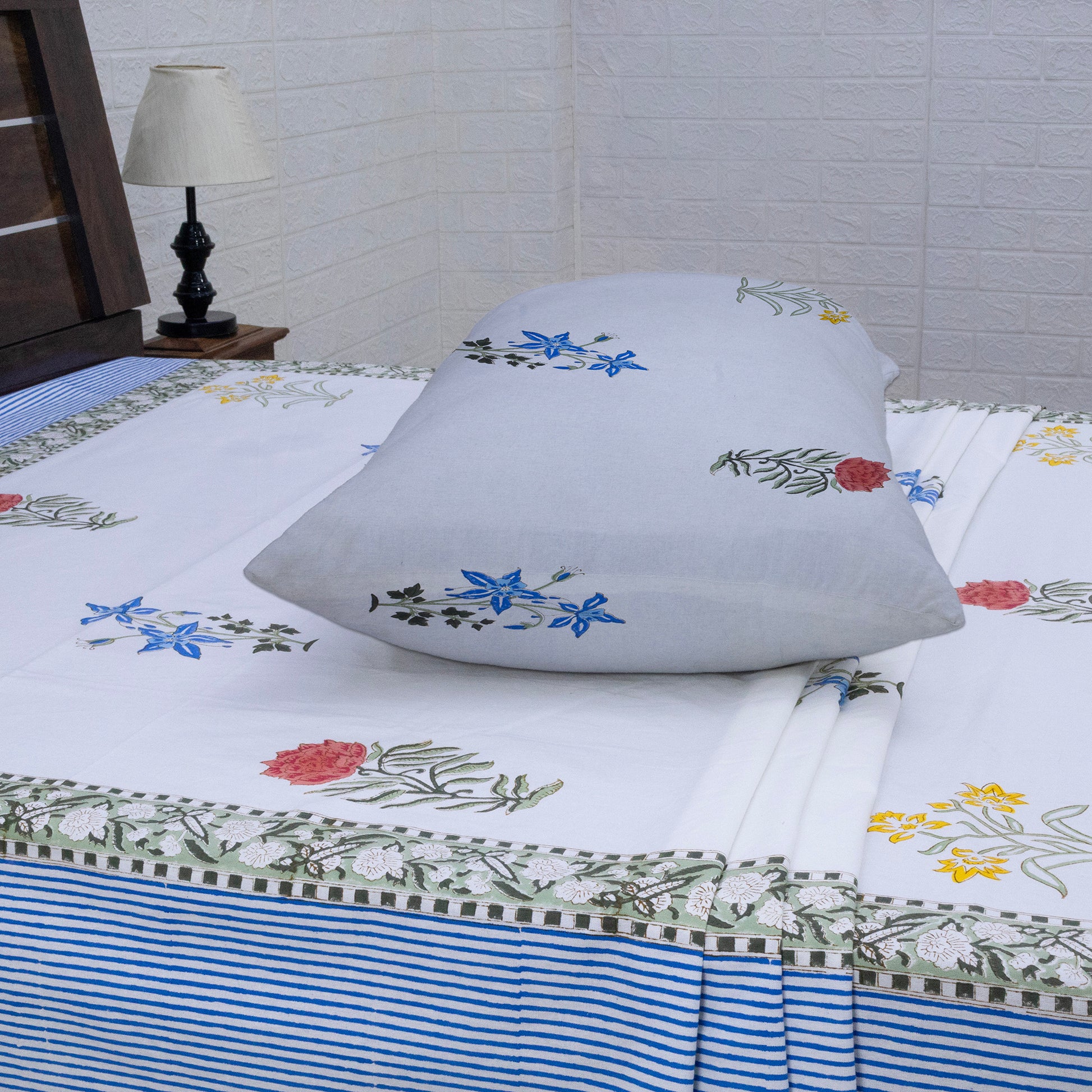Indian Handmade Block Printed White and Blue Floral Pattern Cotton Bed sheet For living Room, Kids Room - My Store