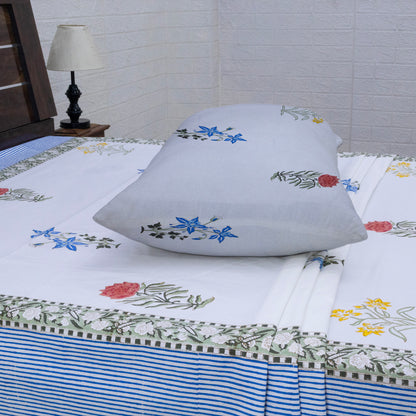 Indian Handmade Block Printed White and Blue Floral Pattern Cotton Bed sheet For living Room, Kids Room - My Store