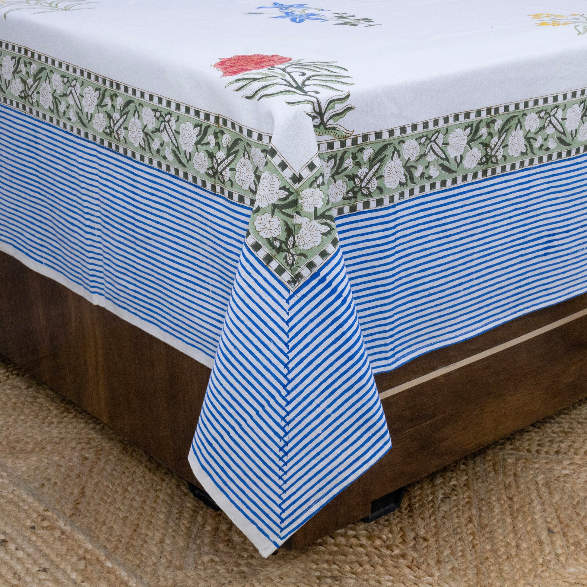 Indian Handmade Block Printed White and Blue Floral Pattern Cotton Bed sheet For living Room, Kids Room - My Store