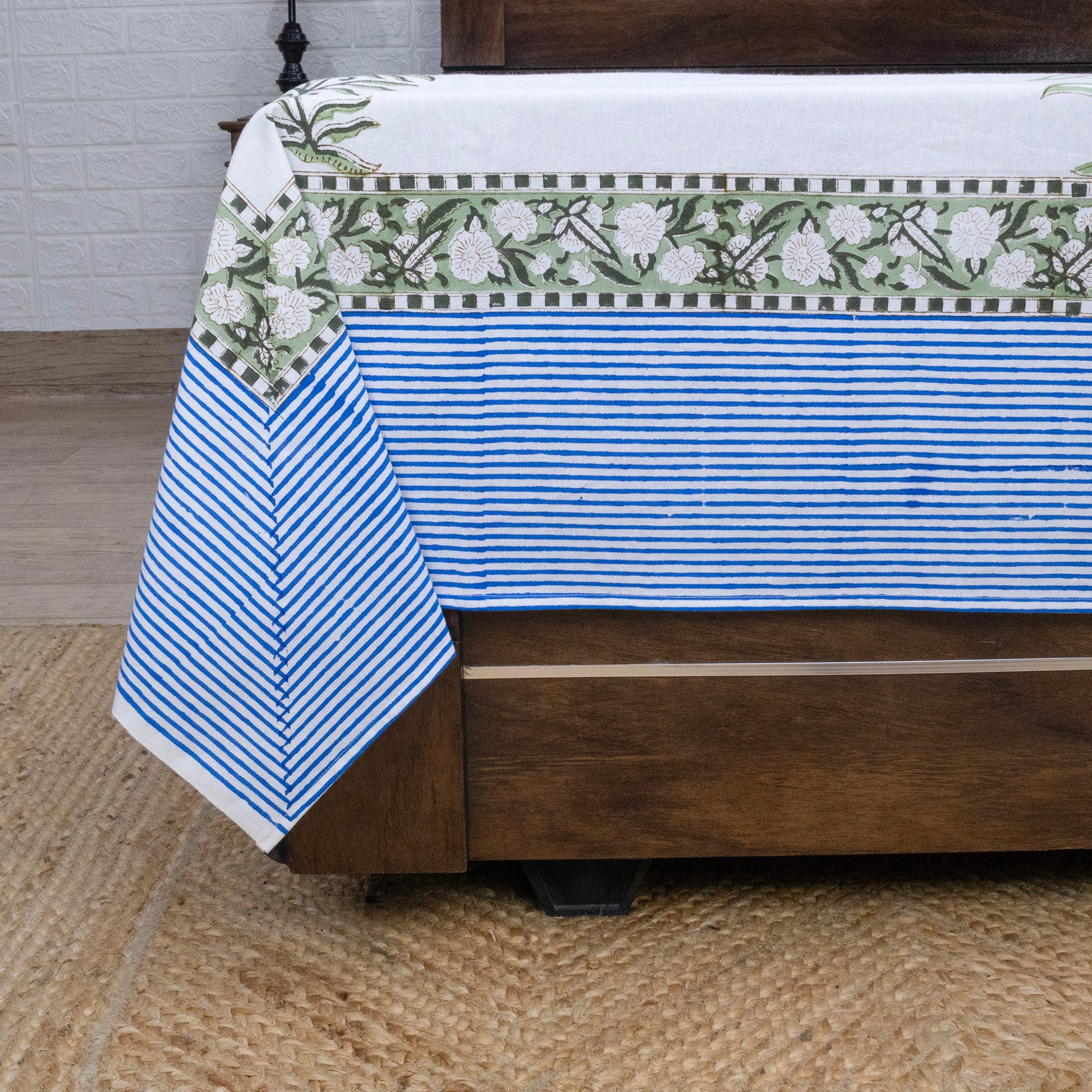 Indian Handmade Block Printed White and Blue Floral Pattern Cotton Bed sheet For living Room, Kids Room - My Store