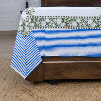 Indian Handmade Block Printed White and Blue Floral Pattern Cotton Bed sheet For living Room, Kids Room - My Store