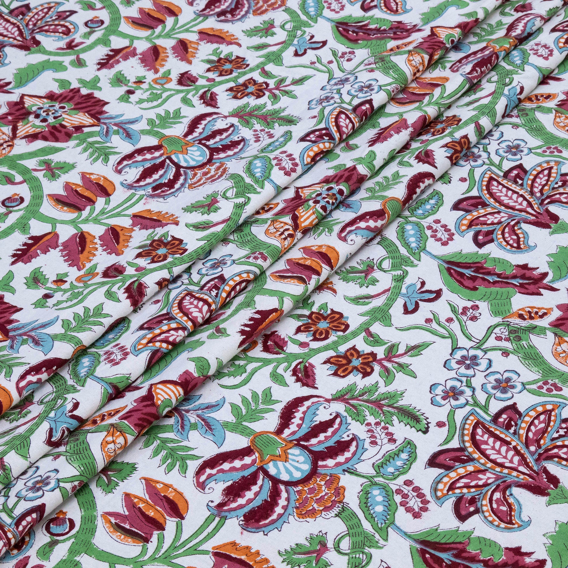 Indian Handmade Block Printed Green and Red Floral Pattern Cotton Bed sheet For living Room, Kids Room - My Store