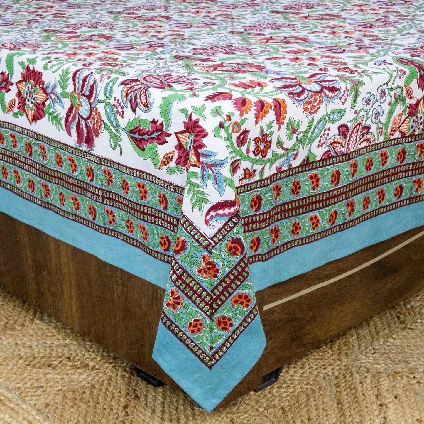 Indian Handmade Block Printed Green and Red Floral Pattern Cotton Bed sheet For living Room, Kids Room - My Store