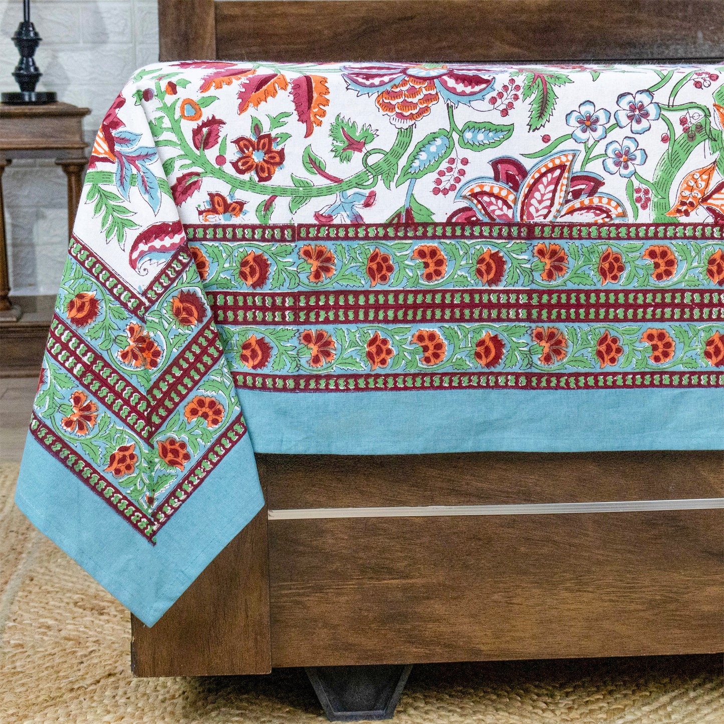 Indian Handmade Block Printed Green and Red Floral Pattern Cotton Bed sheet For living Room, Kids Room - My Store