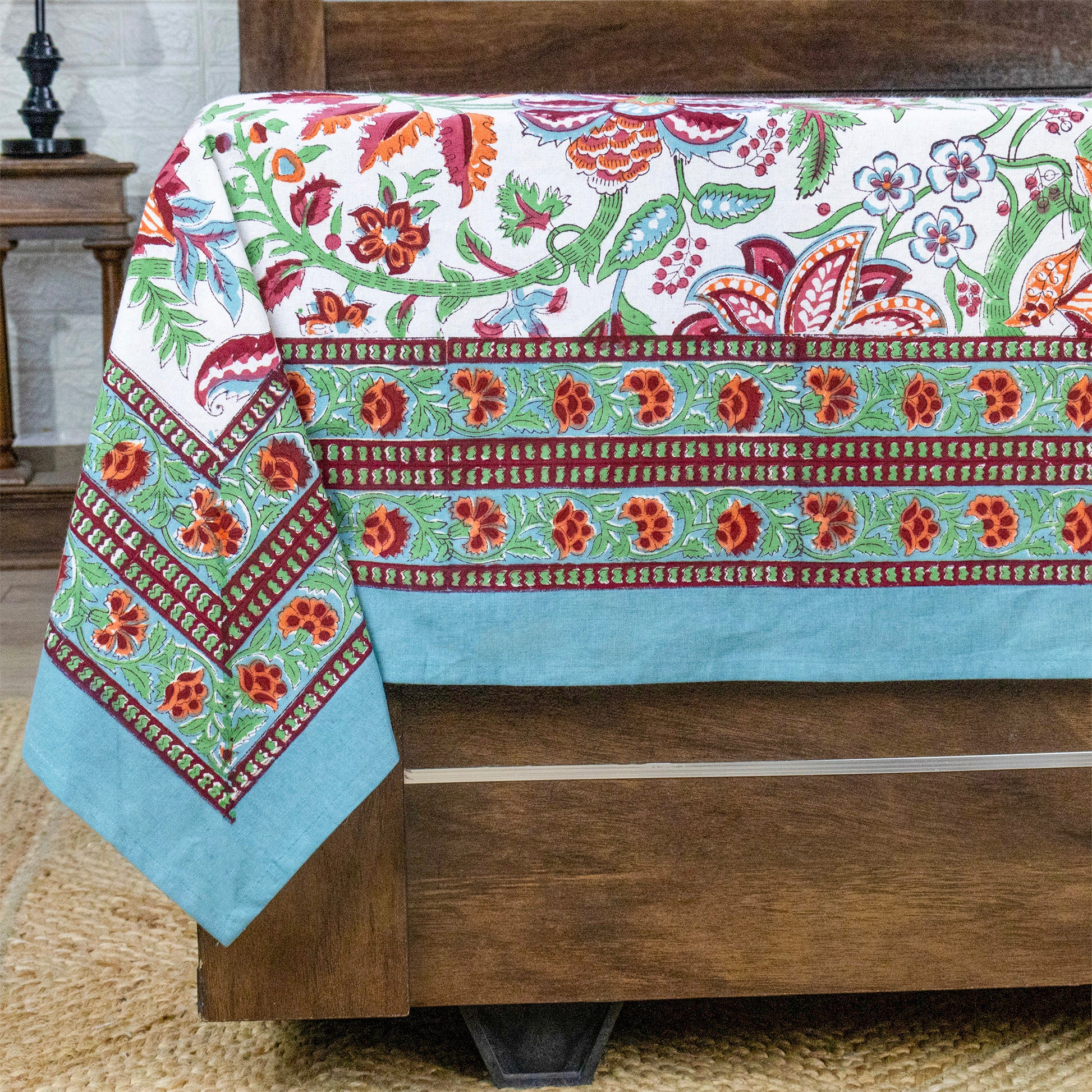 Indian Handmade Block Printed Green and Red Floral Pattern Cotton Bed sheet For living Room, Kids Room - My Store