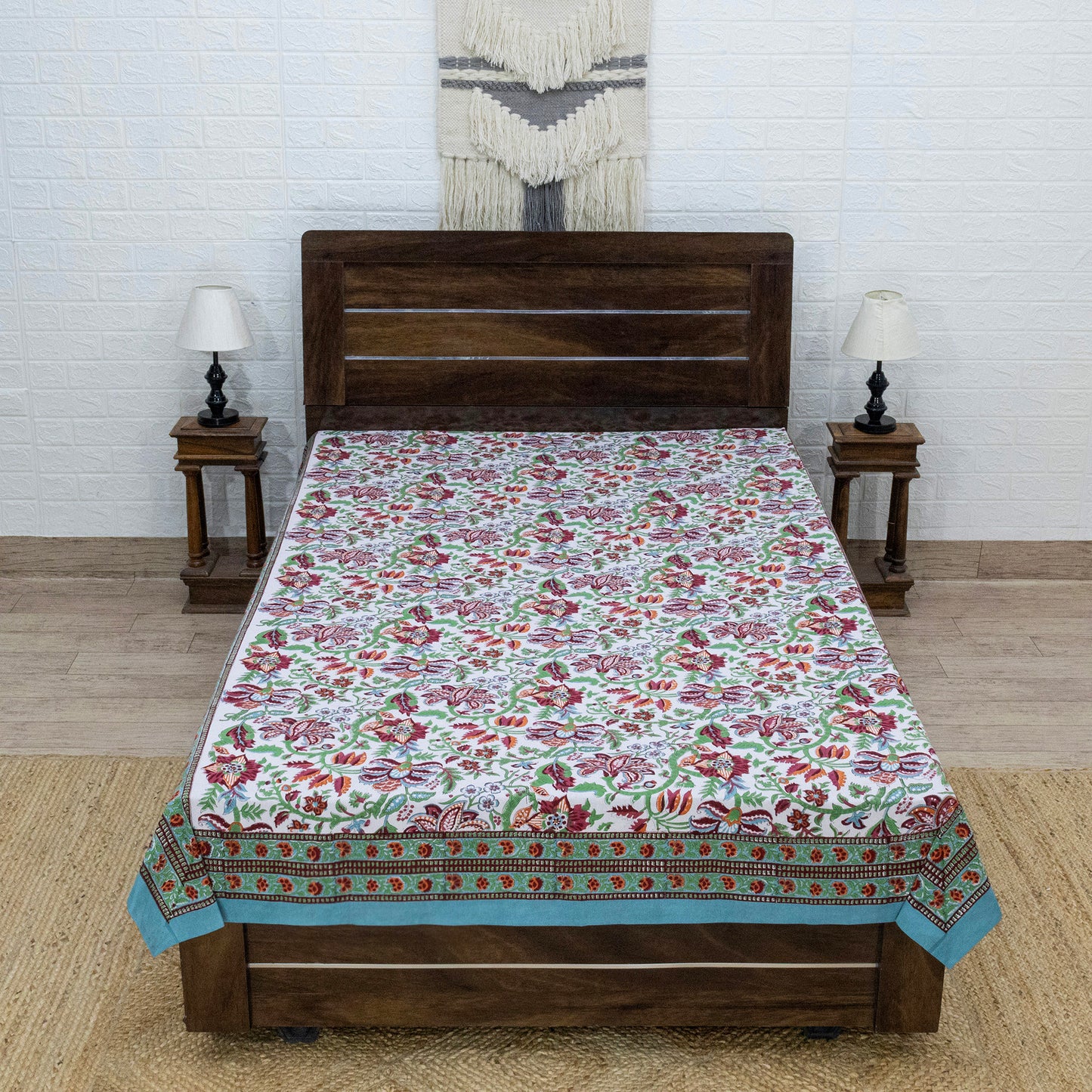 Indian Handmade Block Printed Green and Red Floral Pattern Cotton Bed sheet For living Room, Kids Room - My Store