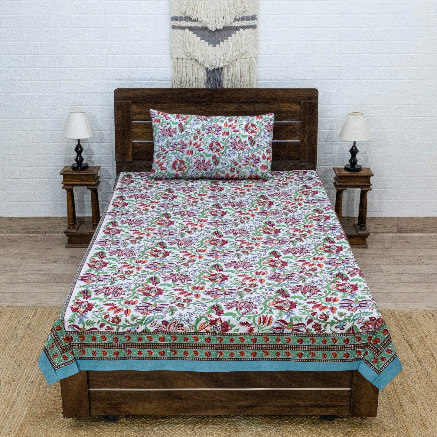 Indian Handmade Block Printed Green and Red Floral Pattern Cotton Bed sheet For living Room, Kids Room - My Store