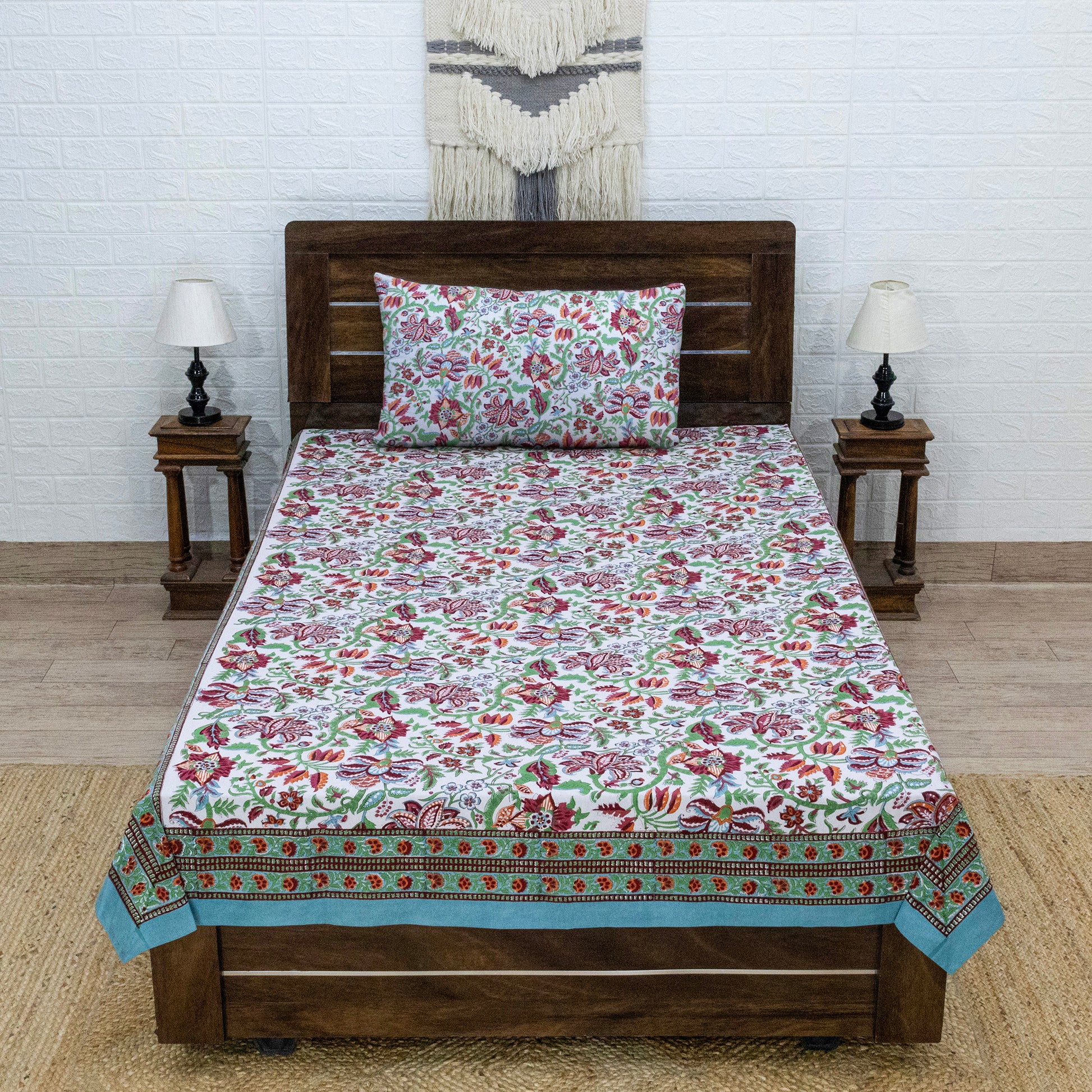 Indian Handmade Block Printed Green and Red Floral Pattern Cotton Bed sheet For living Room, Kids Room - My Store