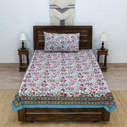 Indian Handmade Block Printed Green and Red Floral Pattern Cotton Bed sheet For living Room, Kids Room - My Store