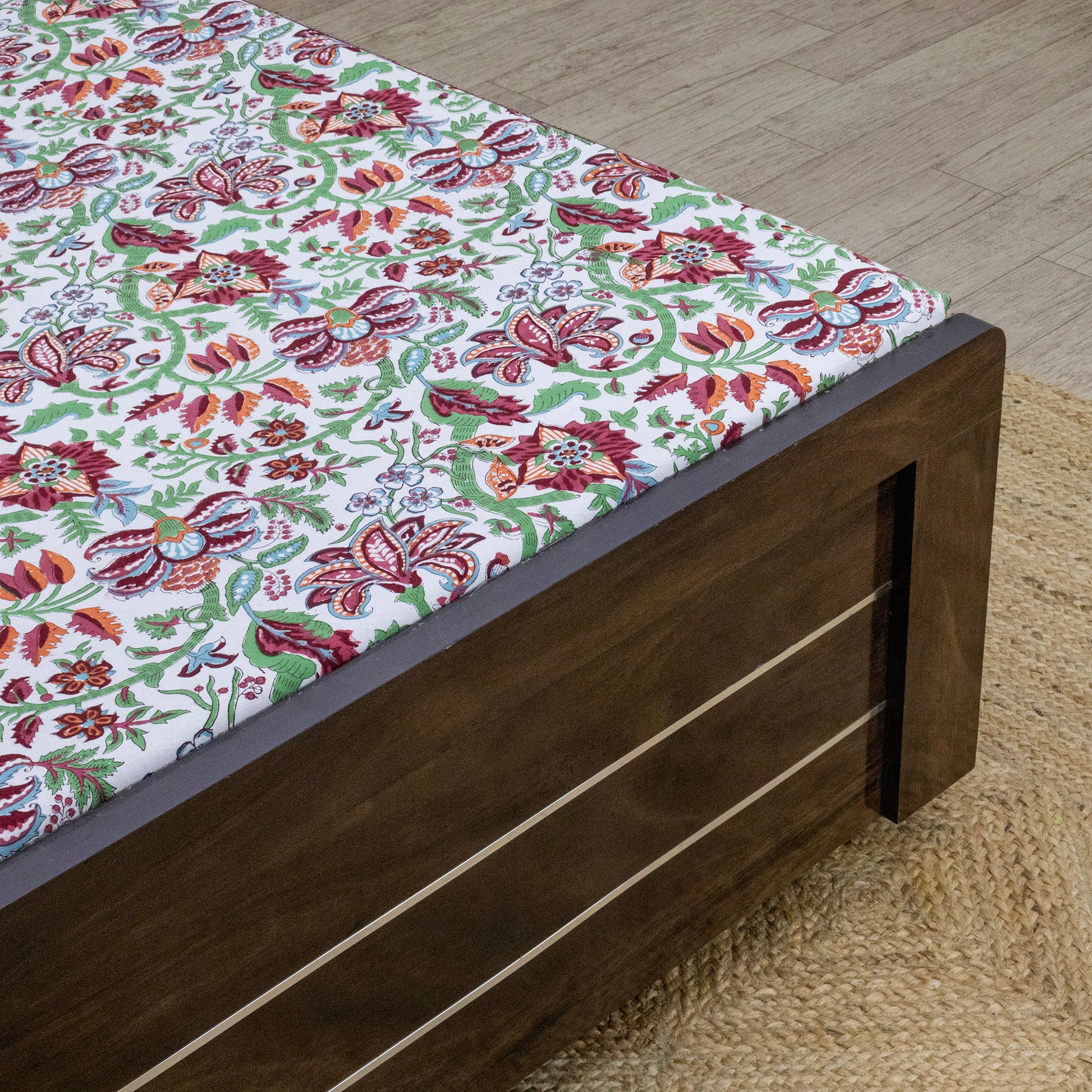 Indian Handmade Block Printed Green and Red Floral Pattern Cotton Bed sheet For living Room, Kids Room - My Store