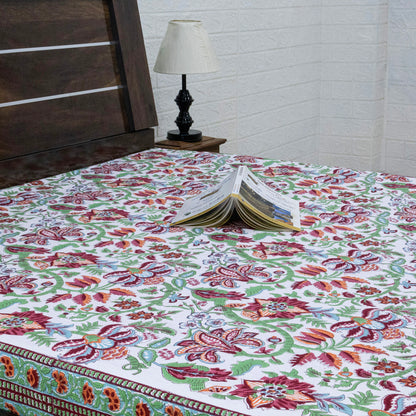 Indian Handmade Block Printed Green and Red Floral Pattern Cotton Bed sheet For living Room, Kids Room - My Store