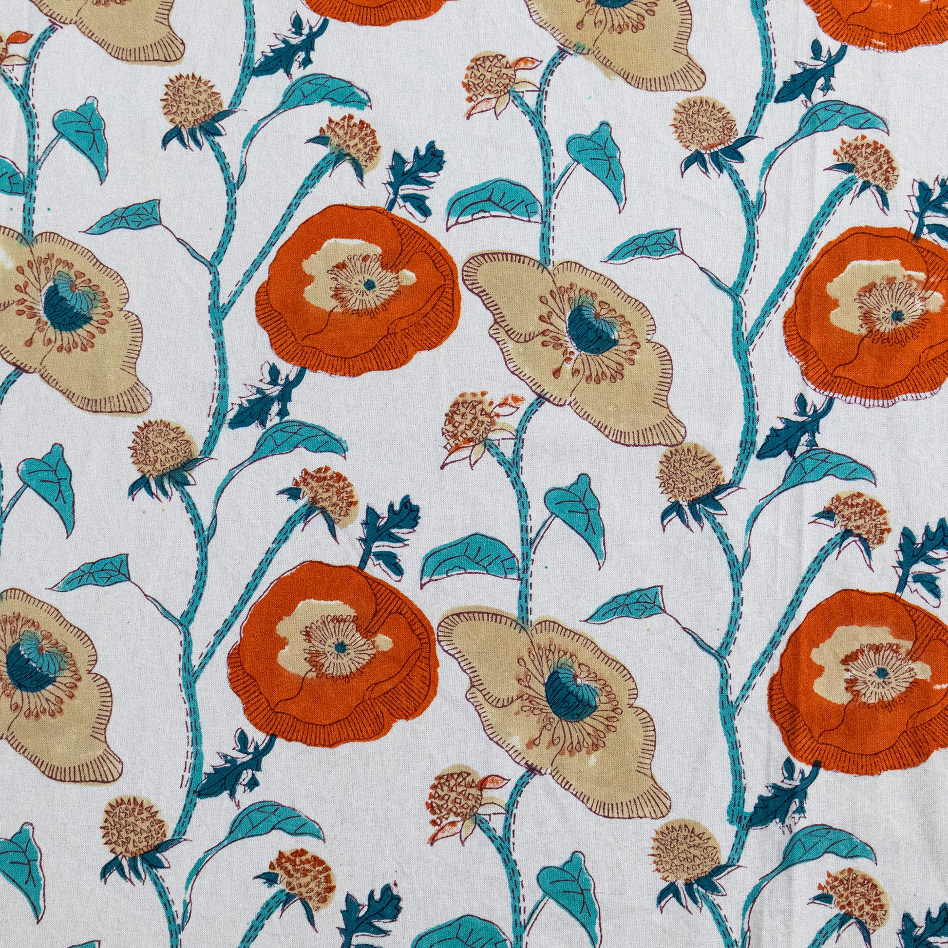 Indian Handmade Block Printed Orange and White Floral Pattern Cotton Bed sheet For living Room, Kids Room - My Store