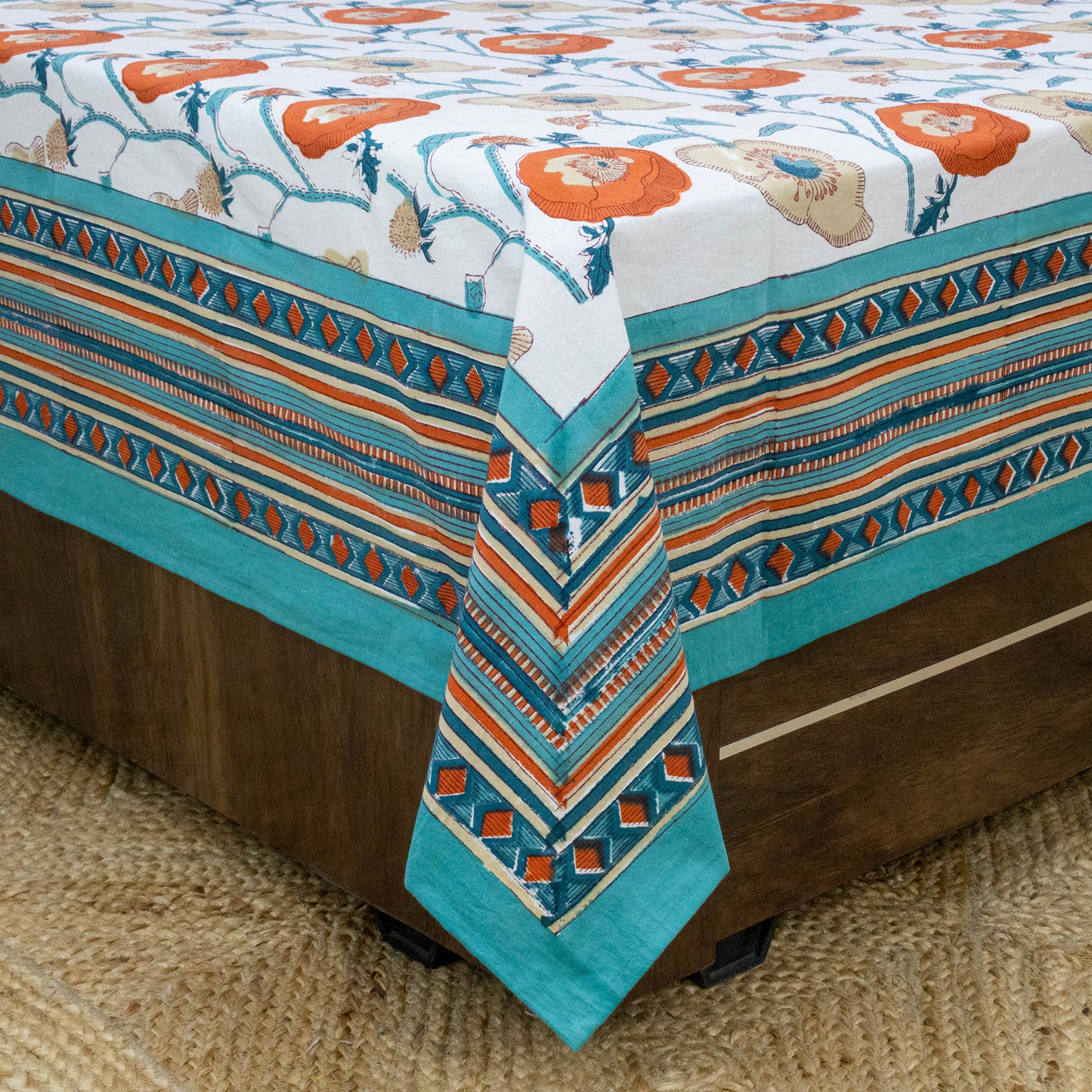 Indian Handmade Block Printed Orange and White Floral Pattern Cotton Bed sheet For living Room, Kids Room - My Store