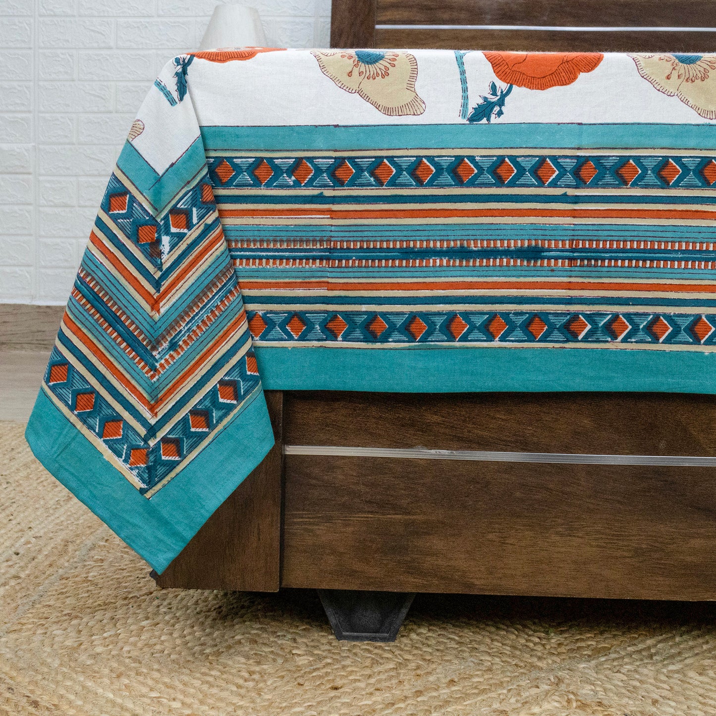 Indian Handmade Block Printed Orange and White Floral Pattern Cotton Bed sheet For living Room, Kids Room - My Store