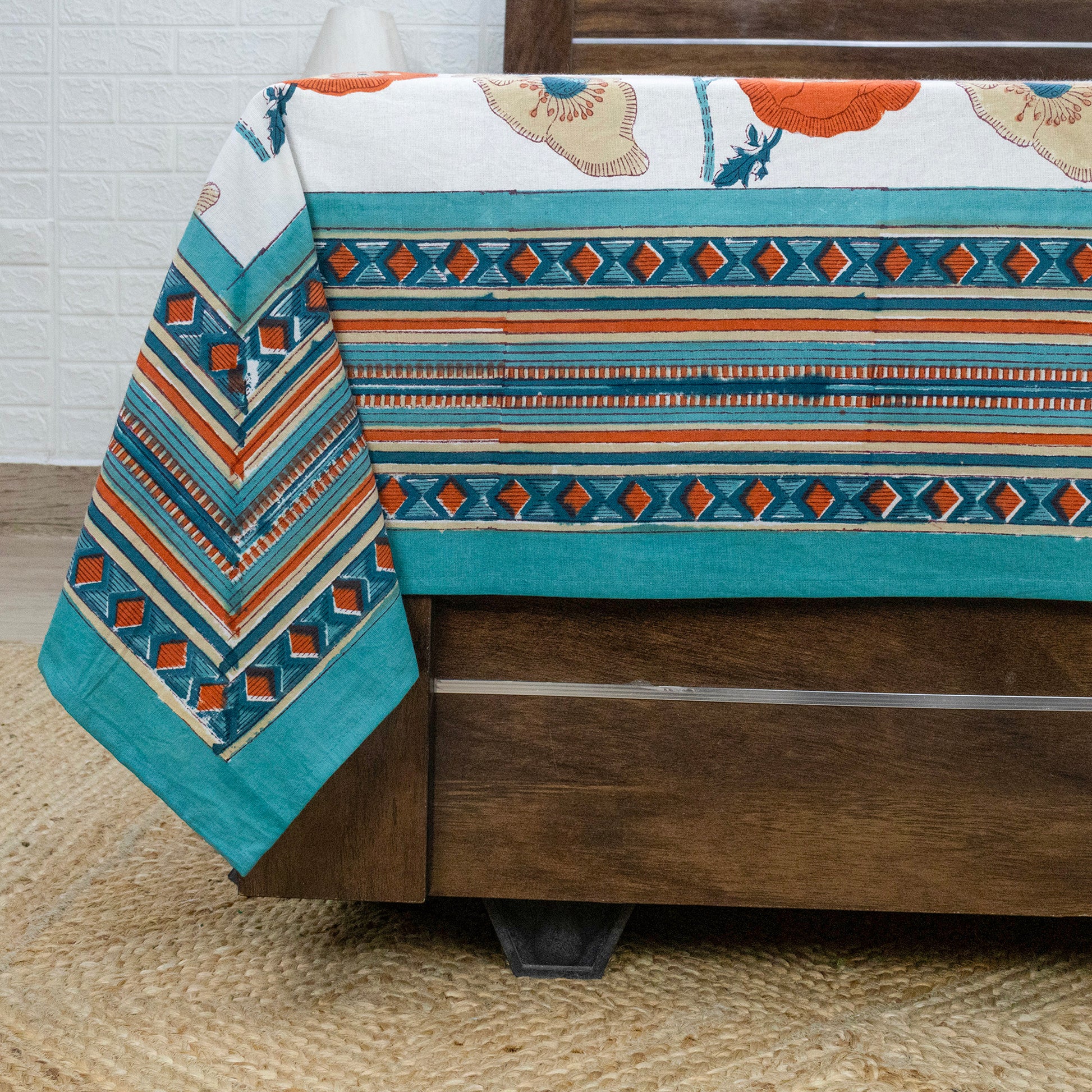 Indian Handmade Block Printed Orange and White Floral Pattern Cotton Bed sheet For living Room, Kids Room - My Store