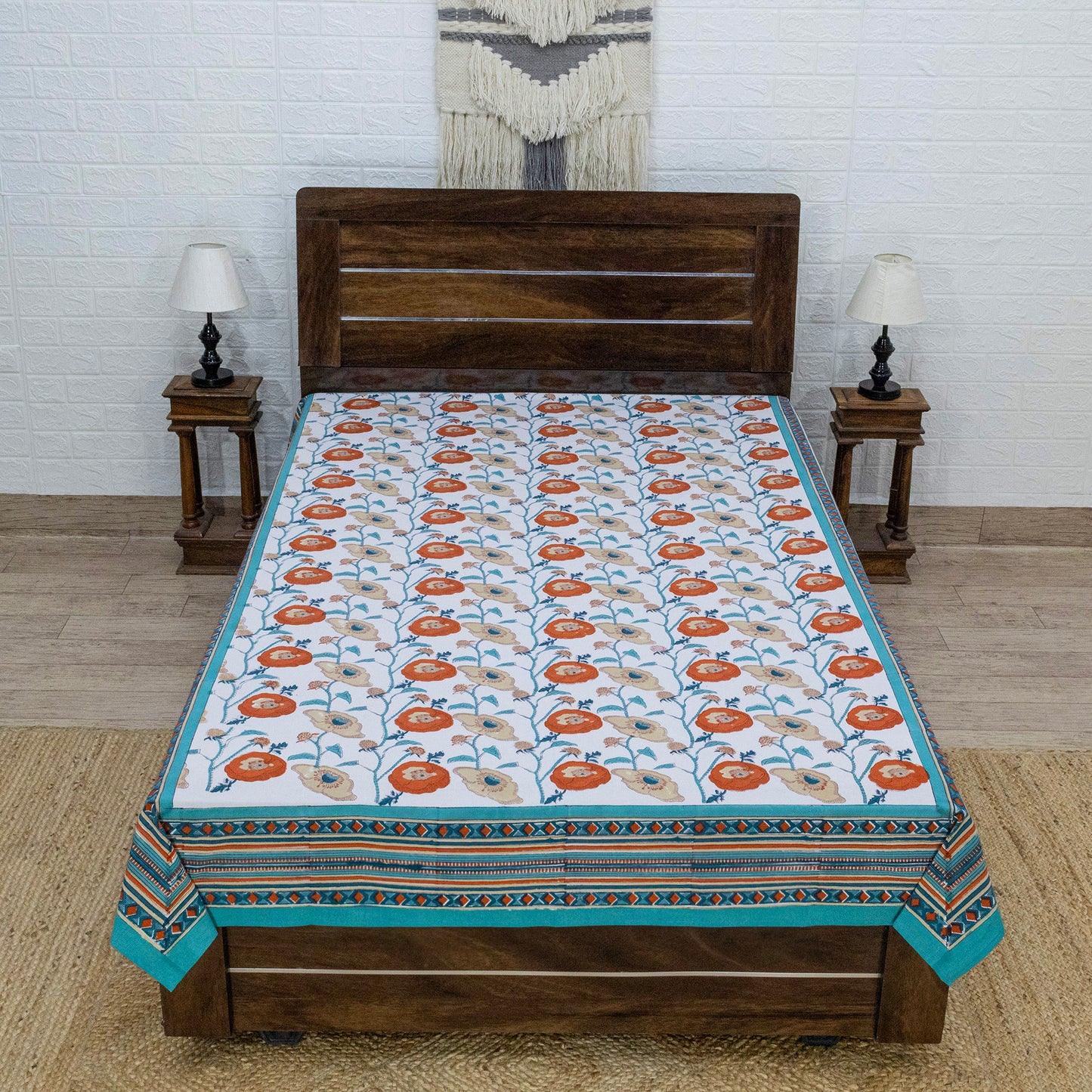 Indian Handmade Block Printed Orange and White Floral Pattern Cotton Bed sheet For living Room, Kids Room - My Store