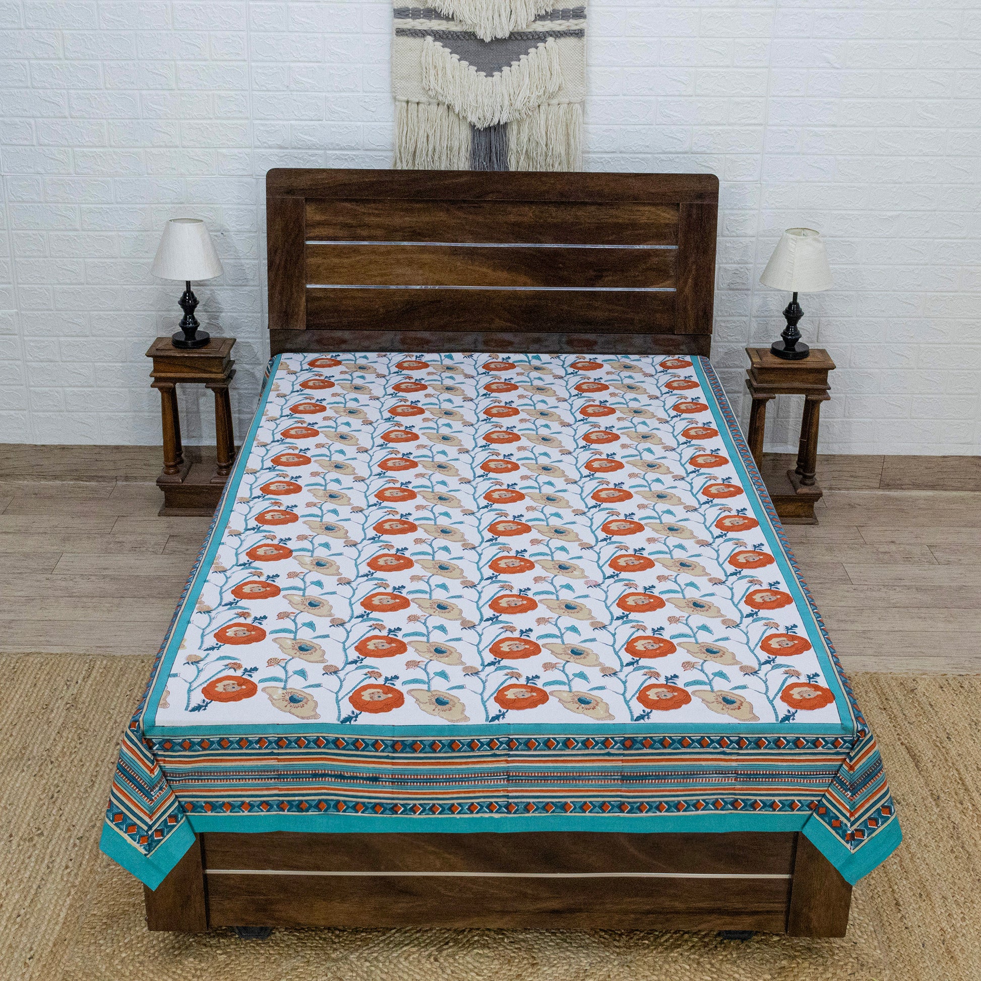 Indian Handmade Block Printed Orange and White Floral Pattern Cotton Bed sheet For living Room, Kids Room - My Store