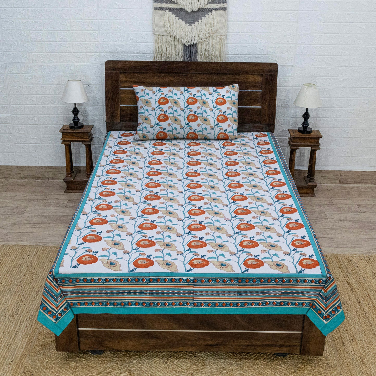 Indian Handmade Block Printed Orange and White Floral Pattern Cotton Bed sheet For living Room, Kids Room - My Store