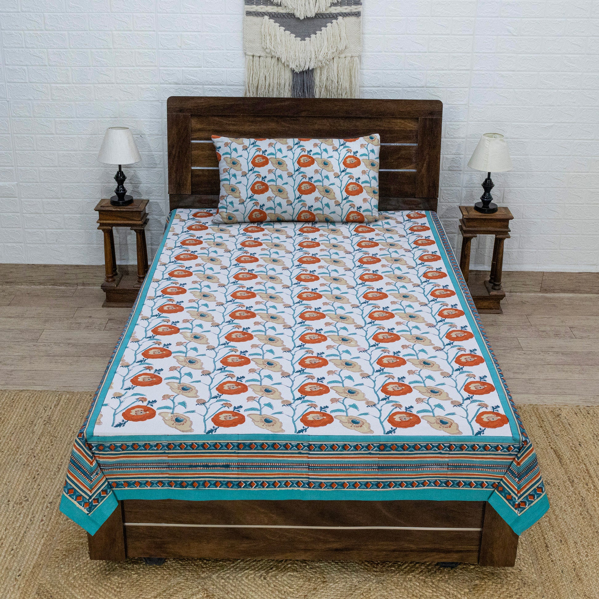 Indian Handmade Block Printed Orange and White Floral Pattern Cotton Bed sheet For living Room, Kids Room - My Store