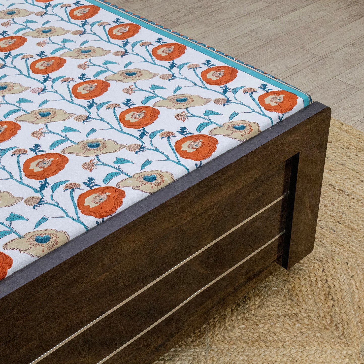 Indian Handmade Block Printed Orange and White Floral Pattern Cotton Bed sheet For living Room, Kids Room - My Store