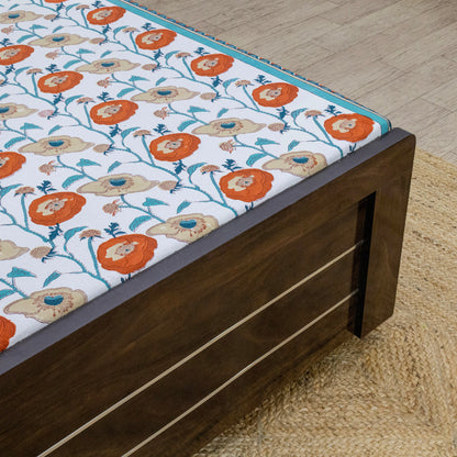 Indian Handmade Block Printed Orange and White Floral Pattern Cotton Bed sheet For living Room, Kids Room - My Store