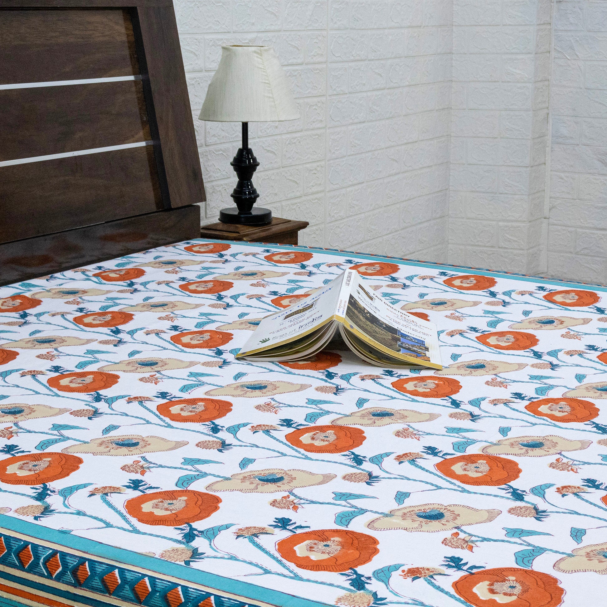 Indian Handmade Block Printed Orange and White Floral Pattern Cotton Bed sheet For living Room, Kids Room - My Store