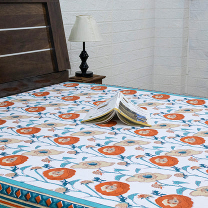 Indian Handmade Block Printed Orange and White Floral Pattern Cotton Bed sheet For living Room, Kids Room - My Store