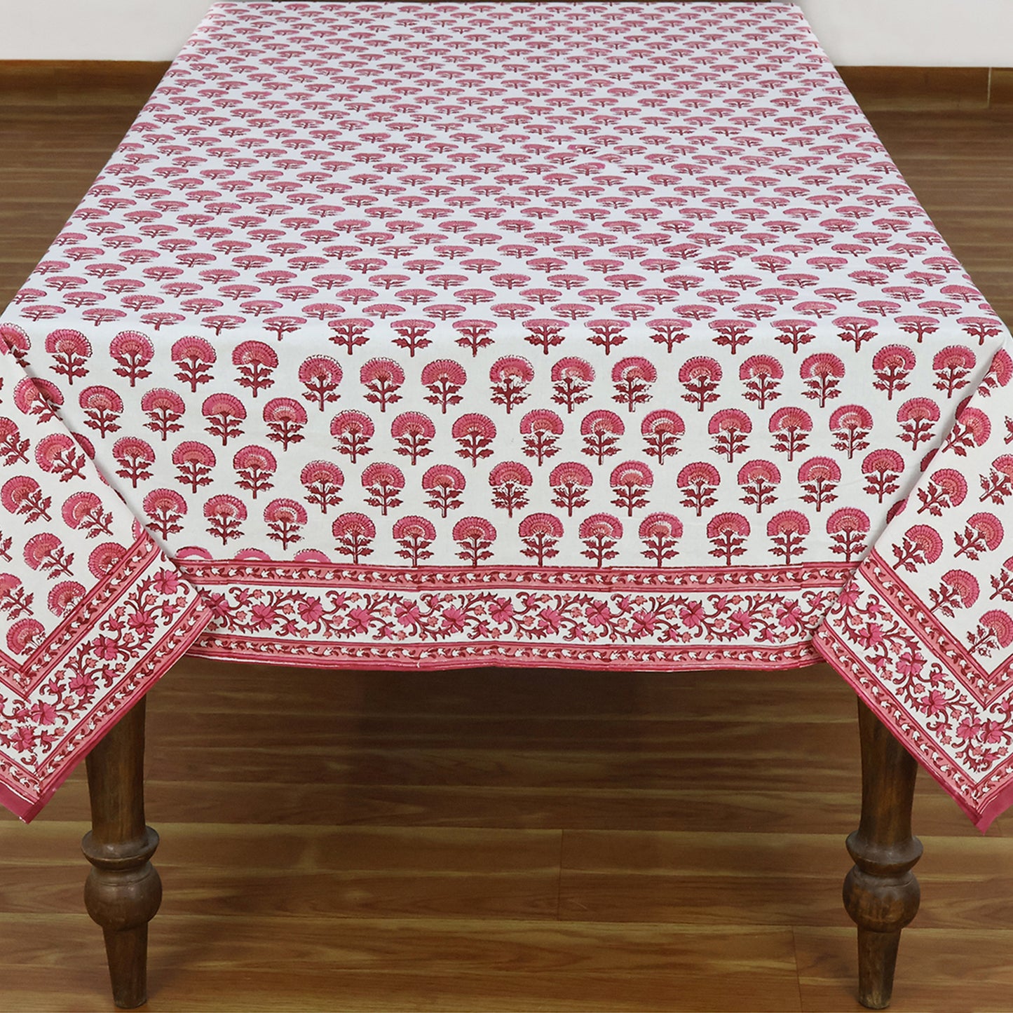 Hand Block Printed Cotton Pink and White Tablecloth for Dinning Decor - My Store