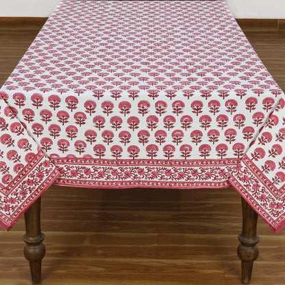 Hand Block Printed Cotton Pink and White Tablecloth for Dinning Decor - My Store