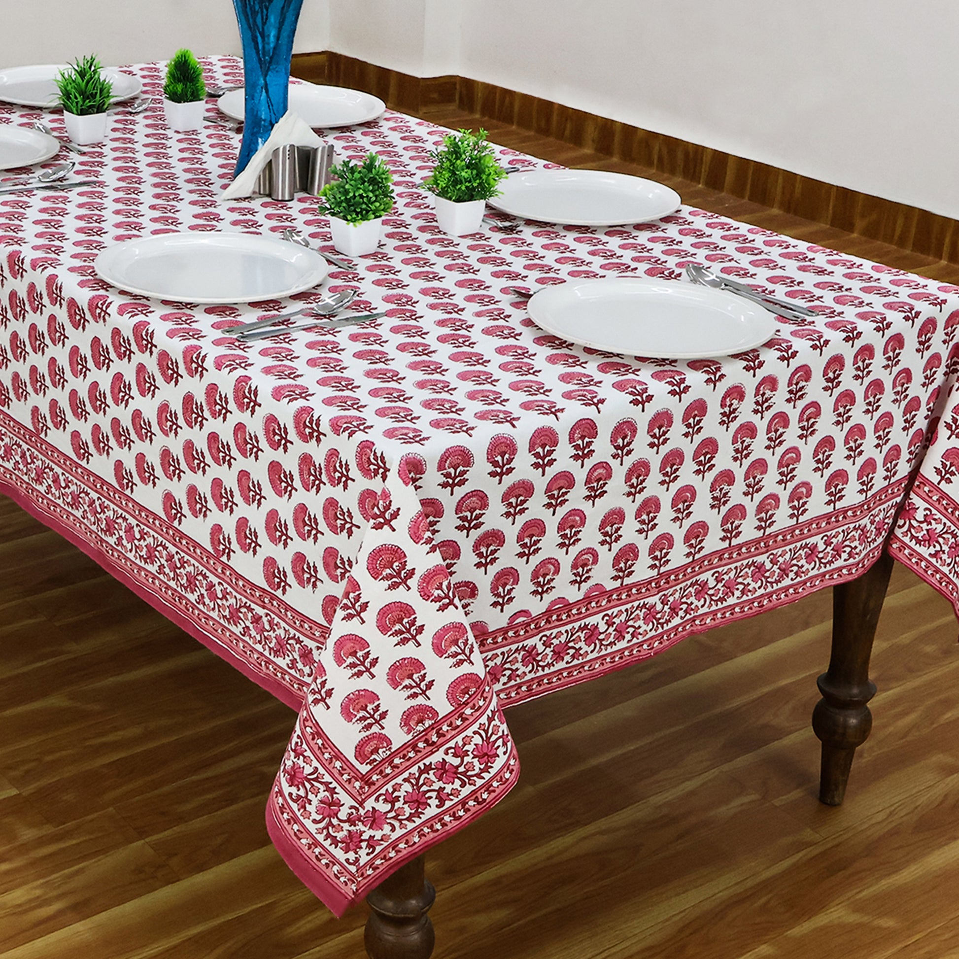 Hand Block Printed Cotton Pink and White Tablecloth for Dinning Decor - My Store