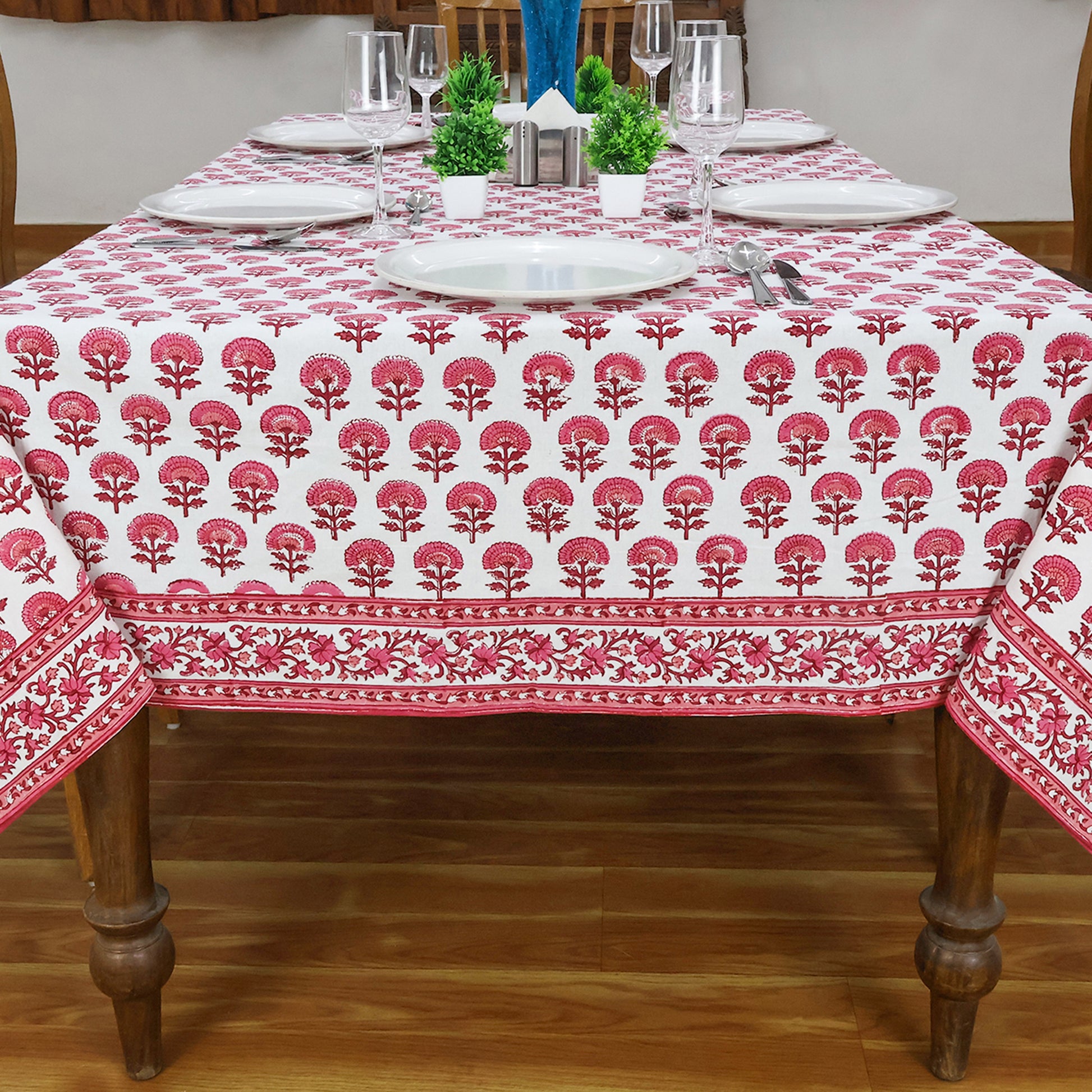 Hand Block Printed Cotton Pink and White Tablecloth for Dinning Decor - My Store
