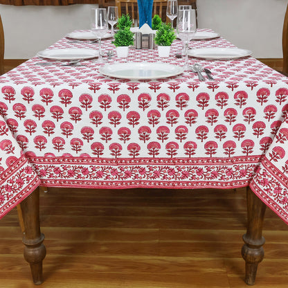 Hand Block Printed Cotton Pink and White Tablecloth for Dinning Decor - My Store