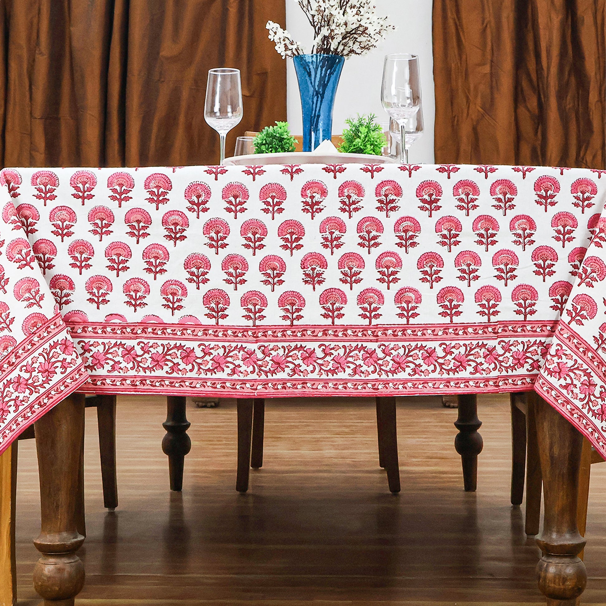 Hand Block Printed Cotton Pink and White Tablecloth for Dinning Decor - My Store