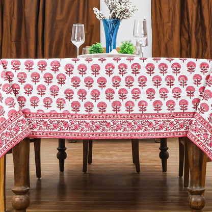 Hand Block Printed Cotton Pink and White Tablecloth for Dinning Decor - My Store