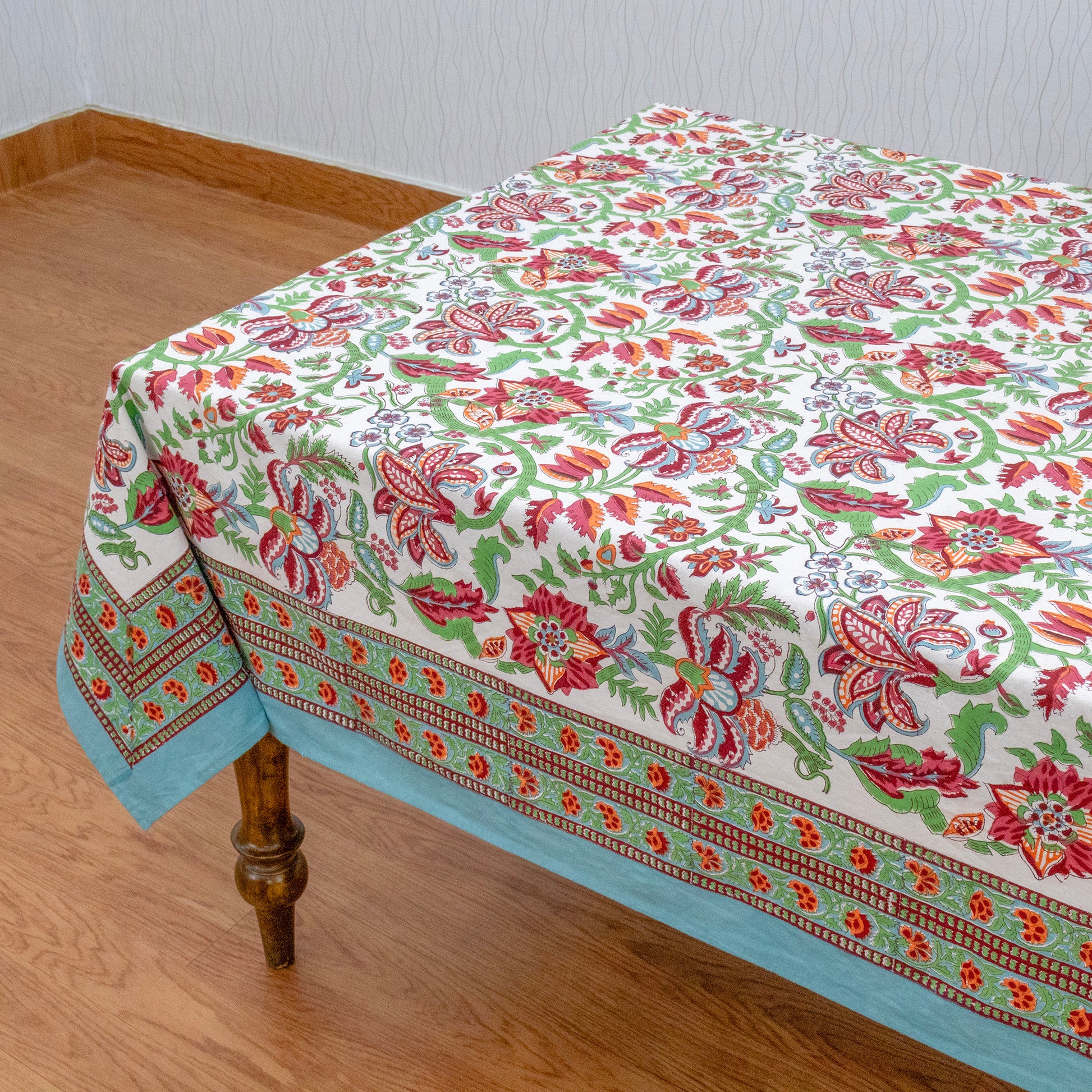 Indian Handmade Block Printed Cotton green and red Rectangle Tablecloth - My Store