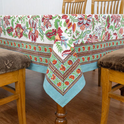 Indian Handmade Block Printed Cotton green and red Rectangle Tablecloth - My Store